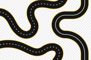 Viraj yolları ve otoyol vektör çizimleri. Yol, dolambaçlı otoyol izole. Beyaz çizgileri olan yol