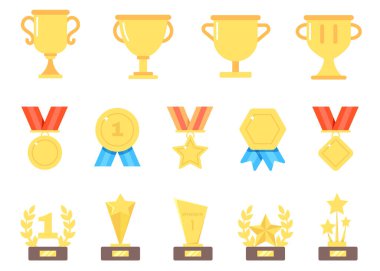 Ödül, kupa, kupa ve madalya düz simge seti. Şampiyonluk için altın ödül ve altın kupa. Kupa, madalya, ödül ikonu. Vektör