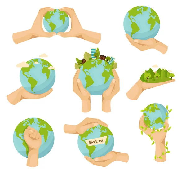 Rettet Die Hände Des Planeten Cartoon Menschliche Hände Halten Verschiedene — Stockvektor