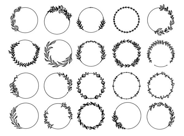 Çiçekli, dallı ve yapraklı el çizimi çiçek çerçeveleri. Botanik çelengi. Laurel bitki yaprağı, çiçek çerçevesi, yuvarlak zeytin yaprakları, Yunan düğünü için dal, arma logosu.