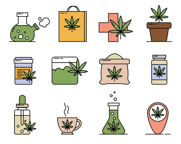 Medizinisches Marihuana Cannabis Bezogene Zeilensymbole Gesetzt Cannabidiol Symbole Marijuanas Umreißen Stockvektor