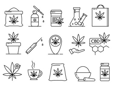 Tıbbi marihuana. Kenevir bağlantılı çizgi simgesi seti. Cannabidiol doğrusal simgeleri. Marijuanalar vektör işaretleri ve sembolleri çizerler. Vektör illüstrasyonu EPS10