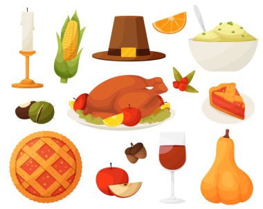 Şükran Günü ikonları. Sonbahar elementleri, kızarmış hindi, karikatür kabak yiyeceği, mısır, şarap. Şükran günün kutlu olsun. Hasat festivali.