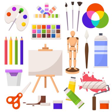 Fırçalar, paletler, paletler, resim sehpası ve bez tasarım resimlerini içeren renkli figürler, ahşap heykeltraş, izlenimci renklilik gibi sanat aletleri. Sanatçı araçları ayarlandı
