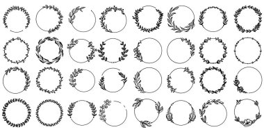 Çiçekli, dallı ve yapraklı el çizimi çiçek çerçeveleri. Botanik çelengi. Laurel bitki yaprağı, çiçek çerçevesi, yuvarlak zeytin yaprakları, Yunan düğünü için dal, arma logosu.