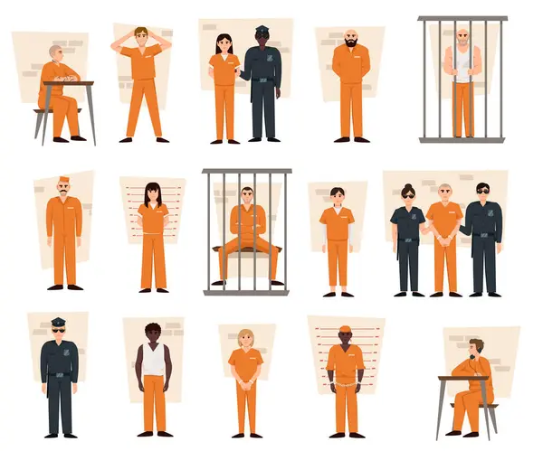 Verschiedene Szenen Aus Einem Gefängnis Auf Weißem Hintergrund Vektorillustration Flachem Vektorgrafiken