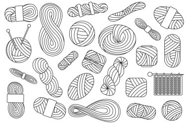 Örgü örmek, karalama yapmak için büyük iplik siyah çizgisi seti. - Evet. Spool ve bobbin taslağı. Dikiş dikme araçları.