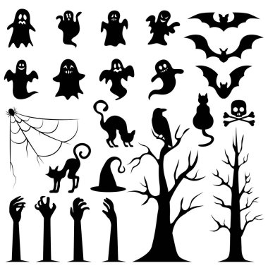 Cadılar Bayramı siluetleri koleksiyonu. Cadılar Bayramı süslemeleri için cadı tasarımı, ürkütücü ve ürkütücü elementler.