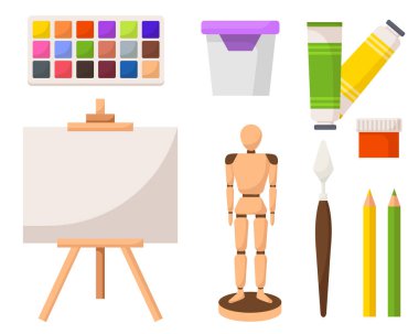 Fırçalar, paletler, paletler, resim sehpası ve bez tasarım resimlerini içeren renkli figürler, ahşap heykeltraş, izlenimci renklilik gibi sanat aletleri. Sanatçı araçları ayarlandı