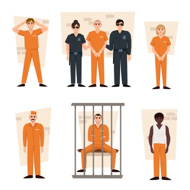 Beyaz arka planda bir hapishaneden çeşitli sahneler. Düz bir şekilde vektör illüstrasyonu. Turuncu hapishane üniforması giyen mahkum erkekler ve kadınlar