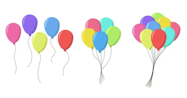 Balonlar havada uçuşuyor. Hava balonları grupları, yüzen şenlik dekorasyonları. Balonlar, desteler. Şölen süslemeleri havada süzülüyor. Dizgilerde helyum balonları dekoru.