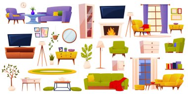 Oturma odası iç seti. Rahat modern işyeri ve geniş bir koleksiyon izole edilmiş. Vektör illüstrasyonu EPS10