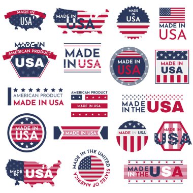 ABD rozetlerinde üretildi. Vatansever damgası, Amerikan bayrağı. Amerikan ürün amblemi seti, Amerikan ürün amblemi.