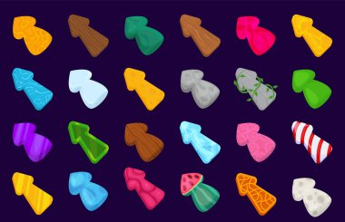 Çizgi filmlerdeki parlak oklar. Oyun okları varlığı. Çizgi film imleci ve işaret arayüzü elementleri. Bilgisayar oyunu ve ui tasarımı için fare imleci.