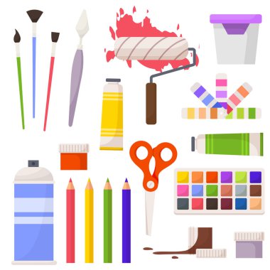 Fırçalar, paletler, paletler, resim sehpası ve bez tasarım resimlerini içeren renkli figürler, ahşap heykeltraş, izlenimci renklilik gibi sanat aletleri. Sanatçı araçları ayarlandı