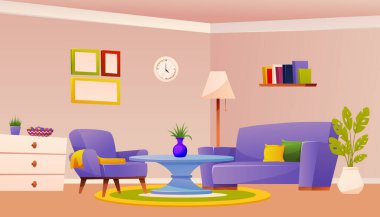 Panoramik pencereli mobilyaları ve perdeleri olan modern oturma odası. Modern dairede oturma odası. Ev içinin vektör karikatürü çizimi