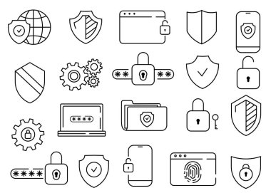 Basit Savunma Vektör Hattı Simgeleri kümesi. Güvenlik, güvenlik, ince çizgi simgelerini koruma. Web sitesi pazarlama, logo, uygulama, şablon, ui, vs. için.