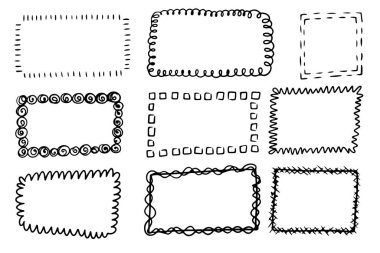 El çizimi çerçeve seti. Kare vektör kenar çerçeveleri. Klasik karalama resim çerçevesi. Çizim biçimi.