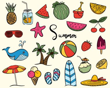 Bir dizi şirin yaz ikonu. Yaz etiketleri, logolar, el çizimi etiketler ve yaz için elementler. Tatil plajı elementleri.