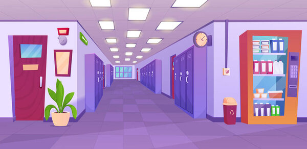 School hallway interior. University corridor interior design with classroom doors, lockers for students, vending machine with snacks. Education concept.