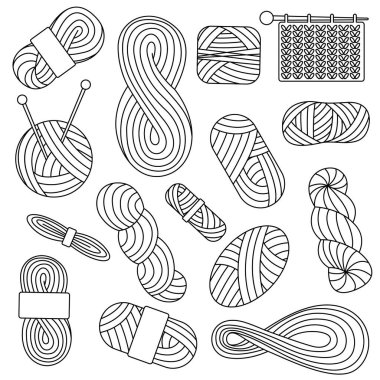 Örgü örmek, karalama yapmak için büyük iplik siyah çizgisi seti. - Evet. Spool ve bobbin taslağı. Dikiş dikme araçları.