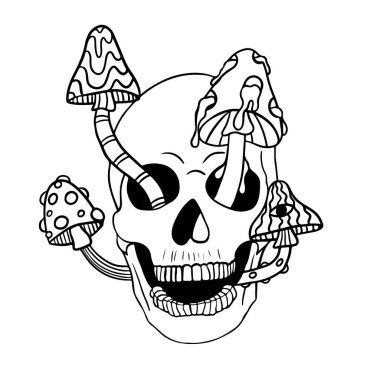 Kafatası tasarımı. Parlak Sihirli Psikedelik Mantarlar ve Kafatasları. Kafatasının dövme şablonu