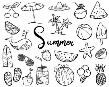 Bir dizi şirin yaz ikonu. Yaz etiketleri, logolar, el çizimi etiketler ve yaz için elementler. Tatil plajı elementleri.