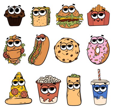 Moda tarzı fast food çıkartma seti. Eski moda çizgi film karakteri. Sosisli sandviç, kahve, soda, patates kızartması, pizza. Yenge, kafe ve teslimat için fast food etiketleri.