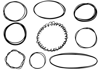 El çizimi çerçeveler. Yuvarlak vektör sınır çerçeveleri. Kenarları kıvrık. Basit karalamalar. Kalem efekti izole edilmiş çerçeveler.