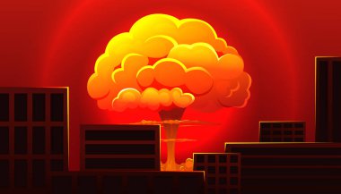 Atom bombası şehirde. Nükleer savaşın sembolü. Nükleer patlama. Büyük mantar bulutu