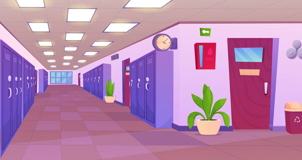 School hallway interior. University corridor interior design with classroom doors, lockers for students, vending machine with snacks. Education concept.