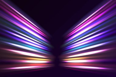 Hareketli renkli ışık izleri. Hız çizgileri hareket arkaplanı. Işık çizgileri, hız ve hareket. Vektör mercek parlaması.