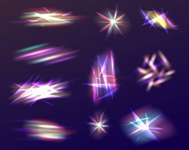 Gökkuşağı kristal ışık sızıntısı yansıma etkisi. Elmas prizması parlıyor. Renkli optik gökkuşağı ışıkları ışık parlatıcı sızıntısı çizgileri kaplıyor