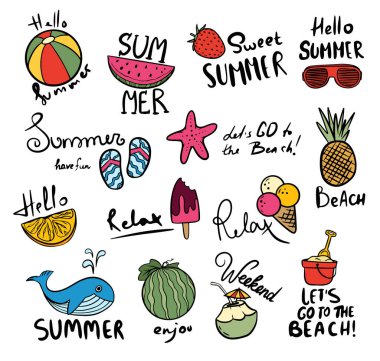 Bir dizi şirin yaz ikonu. Yaz etiketleri, logolar, el çizimi etiketler ve yaz için elementler. Tatil plajı elementleri.