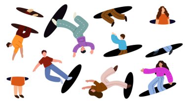 İnsanlar geçitlerden atlıyor, ışınlanıyorlar. Delik açan insanlar. Uçan karakterler, giriş ve çıkış. Arama, keşif konsepti. Düz grafik vektör illüstrasyonu EPS10