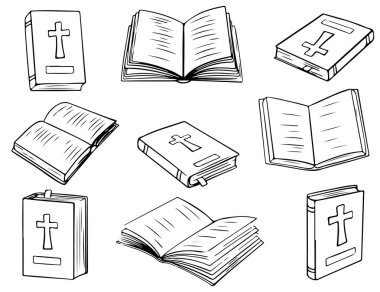 Hıristiyan kutsal kitabı. Vektör illüstrasyonları bir dizi kutsal kitabı tasvir eder. Açılır, kapanır, kapağı gösterilir. Hikayeler ve kehanetler içeren dini metinler.
