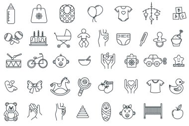 Çocuk bakımı, ince çizgi simgeleri. Uluslararası çocuk günü, çocuk hakları ve ebeveynlikle ilgili bir dizi çizgi ikonu. Düzenlenebilir Vuruş