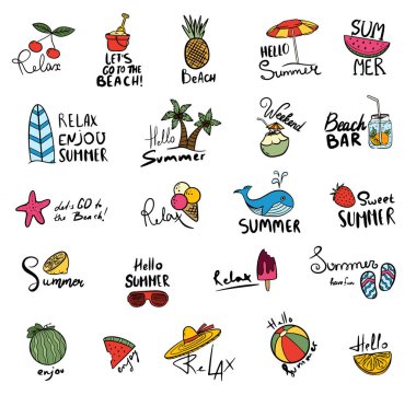 Bir dizi şirin yaz ikonu. Yaz etiketleri, logolar, el çizimi etiketler ve yaz için elementler. Tatil plajı elementleri.