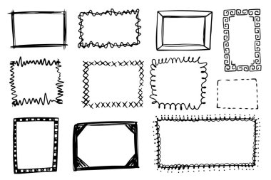 El çizimi çerçeve seti. Kare vektör kenar çerçeveleri. Klasik karalama resim çerçevesi. Çizim biçimi.