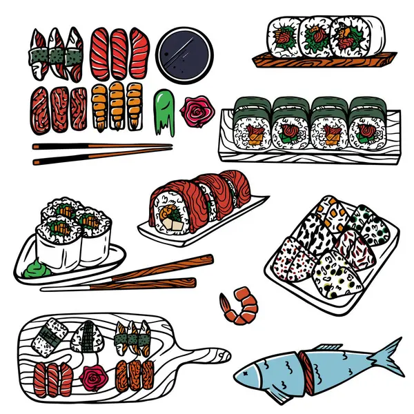 Suşi seti. Asya Japon yemekleri. Japonya rulo, maki, uramaki. Çin, Kore, Japon pirinci, erişte, balık ve et yemekleri. Doodle Asya Japon mutfağı Geleneksel lezzetli yemekler.