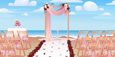 Düğün seremonisi açık havada. Kemer, kurdele ve süslemelerle donatılmış bir düğün töreni. Vektör illüstrasyonu