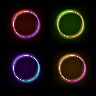 Neon girdabı. Eğimli çizgi ışığı etkisi. Parıltılı halkalar, sihirli ışık efektleri. Sihirli daire vektörü. Işık yuvarlak çerçeve. Işık efektli yuvarlak neon hat. Enerji akış tüneli.