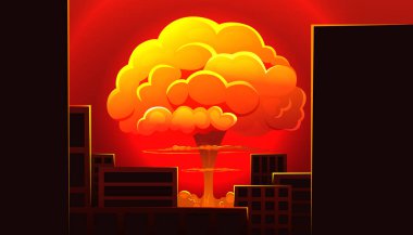 Atom bombası şehirde. Nükleer savaşın sembolü. Nükleer patlama. Büyük mantar bulutu