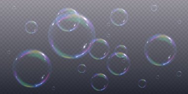 Gökkuşağı yansımalı gerçekçi 3 boyutlu sabun köpükleri. Kabarcıklar şeffaf bir arkaplanda yer alır. Uçan sabun köpüğü. Kabarcık Şeffaf Gerçekçi Su Cam Kabarcığı