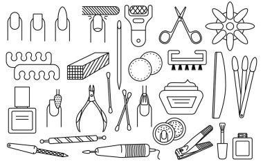 Çivi Manikür Hattı Simgesi Vuruşu. Manikür malzemeleri. Çizgi film profesyonel el tırnak bakım araçları, şık simgeler