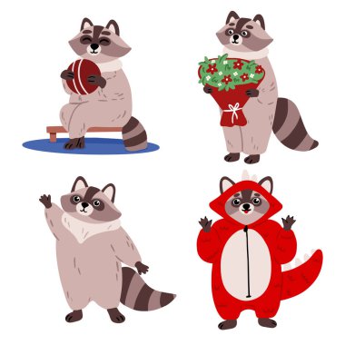 Sevimli çizgi film rakun seti. Dexterous Front Paws ve Halkalı Kuyruklu Rakun. Duygusal küçük rakun. Çizgi film hayvan karakter tasarımı.