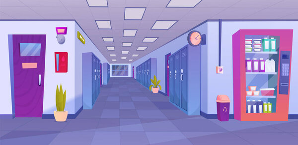 School hallway interior. University corridor interior design with classroom doors, lockers for students, vending machine with snacks. Education concept.