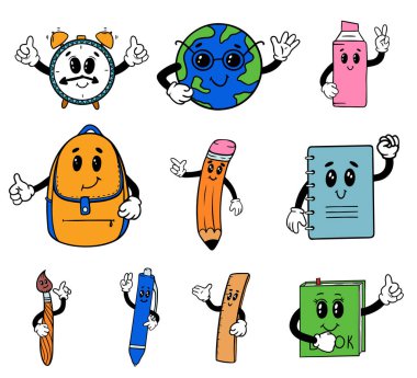 İzole okul malzemelerini eldivenli havalı karakterlere ayarla. Eğitim kavramı. Acayip sevimli karakterler. Duygusal bir defter, kalem ve kitap. Okul çantası, kalem ve fırça..