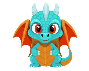 Adorable Cartoon Baby Dragon with a Playful Expression on a White Background. Chinese New Year. Baby fire dragon or dinosaur cute character isolated vector. Fairytale monster clipart
