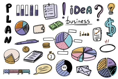 İş karalamaları elle çizilmiş ikonlar. Finans sektöründe kariyer geliştirme unsurları ile yönetim bilgi konsepti. Vektör illüstrasyonu EPS10